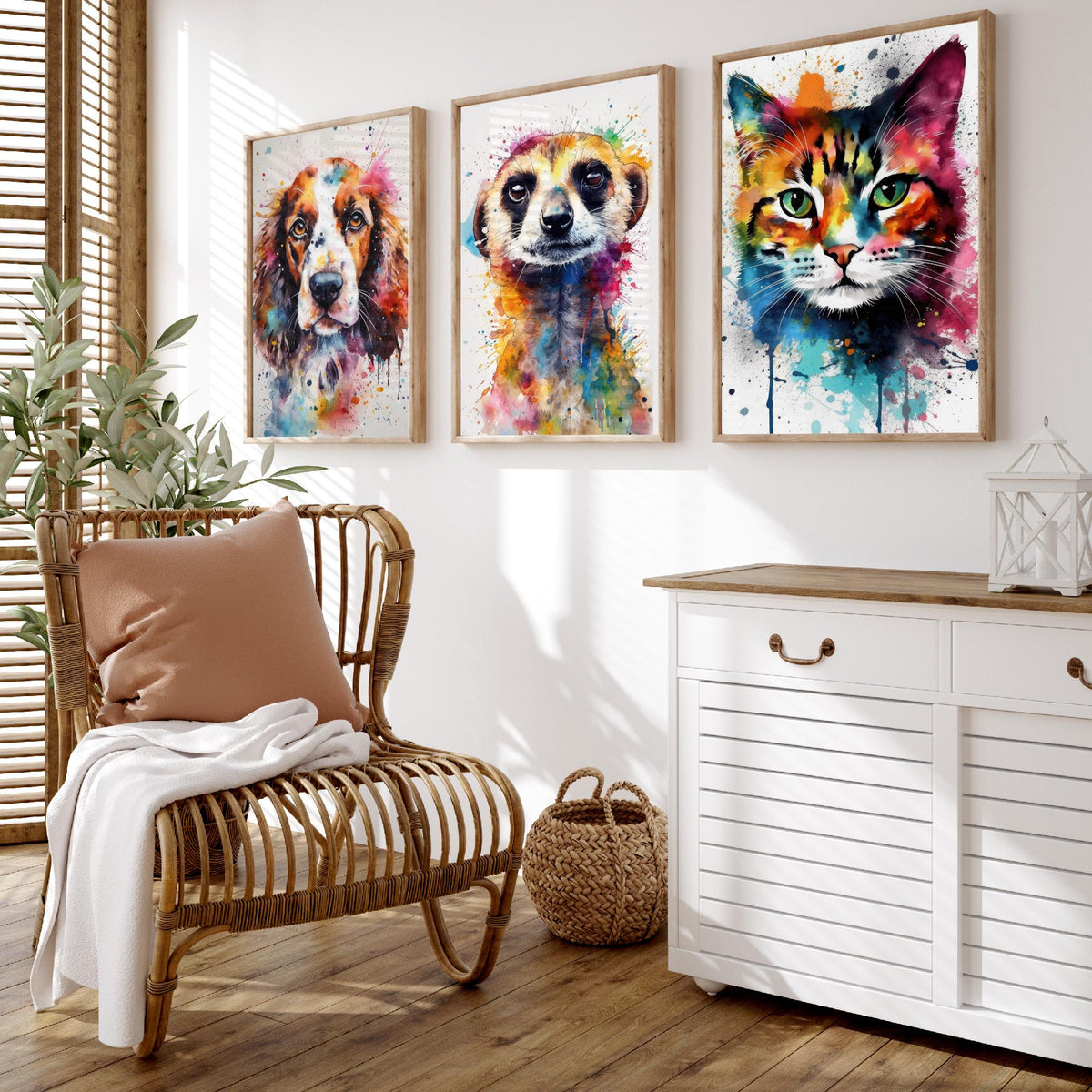 Watercolour Animal Faces Set of Three Art Prints - Dog, Meerkat, Cat - Rainbow Splash Pet Portrait Painting Poster