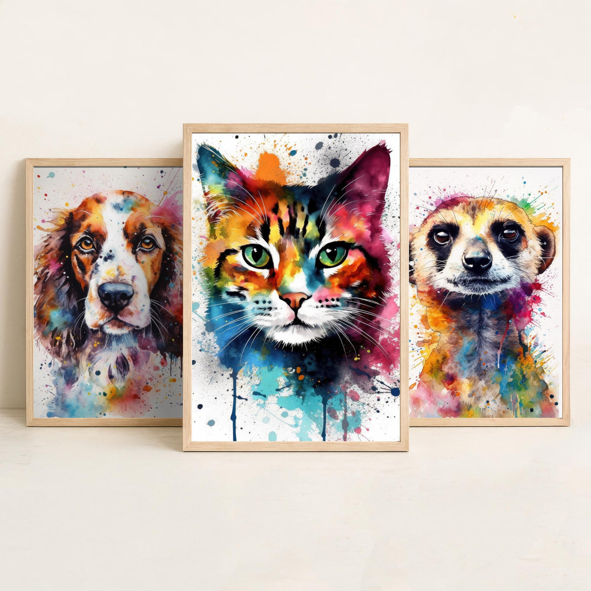 Watercolour Animal Faces Set of Three Art Prints - Dog, Meerkat, Cat - Rainbow Splash Pet Portrait Painting Poster