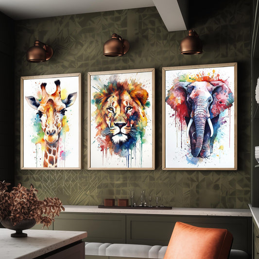 Watercolour Animal Faces Set of Three Art Prints - Giraffe, Lion, Elephant - Rainbow Splash Safari Painting Poster