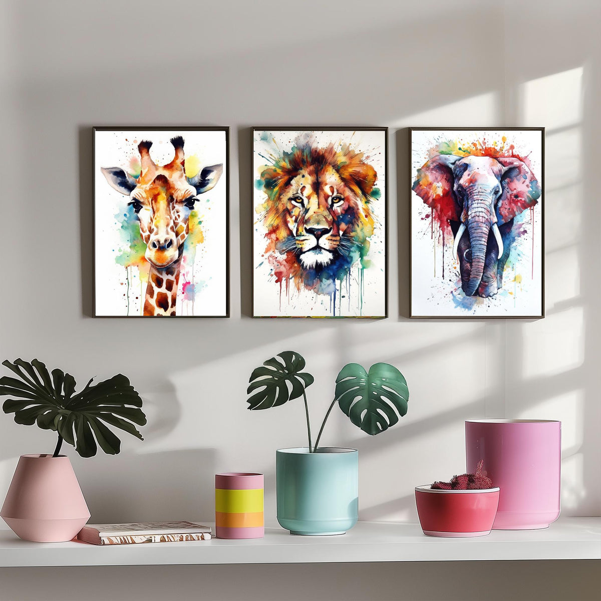 Watercolour Animal Faces Set of Three Art Prints - Giraffe, Lion, Elephant - Rainbow Splash Safari Painting Poster