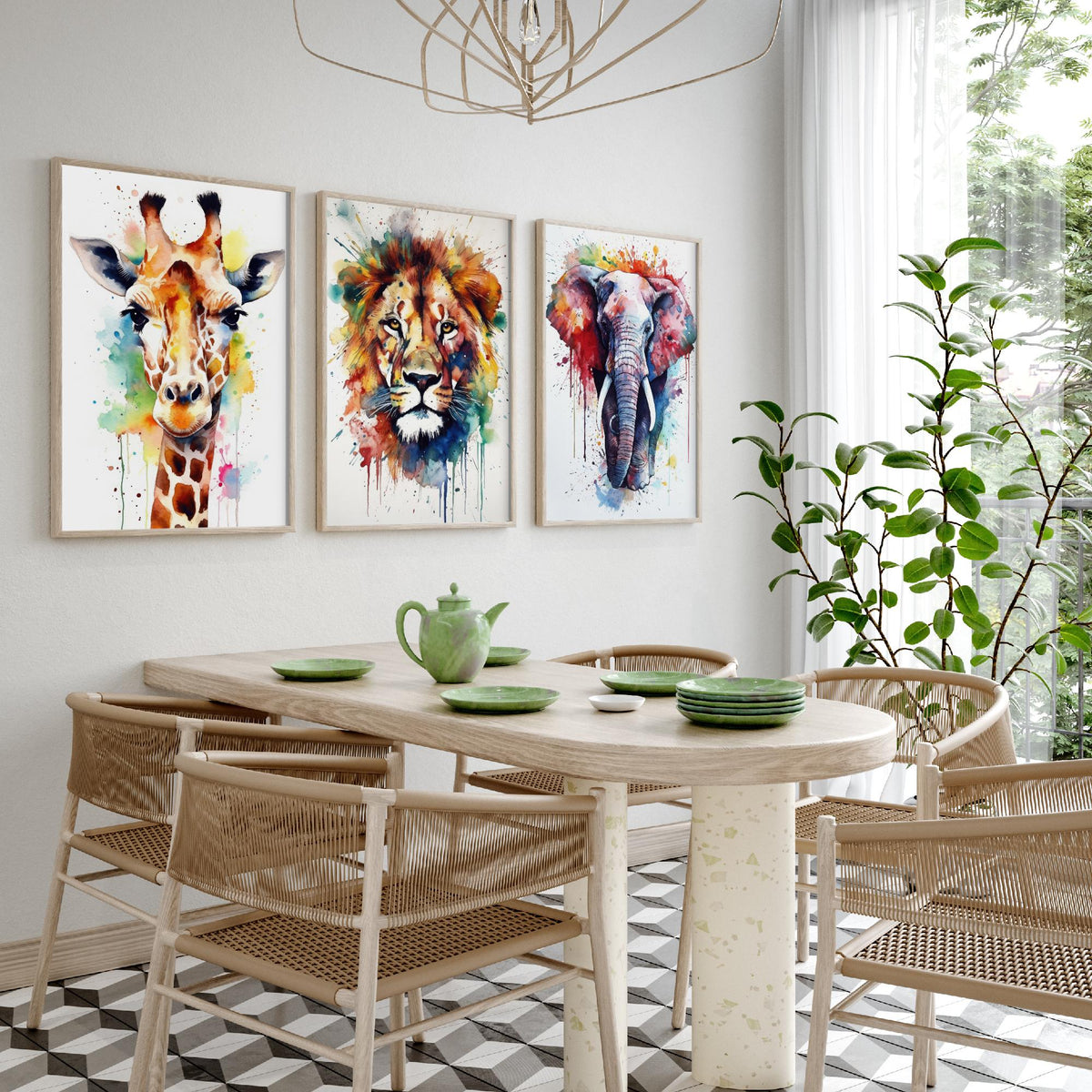 Watercolour Animal Faces Set of Three Art Prints - Giraffe, Lion, Elephant - Rainbow Splash Safari Painting Poster