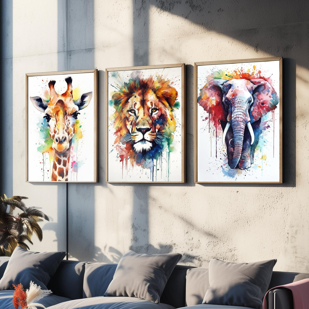 Watercolour Animal Faces Set of Three Art Prints - Giraffe, Lion, Elephant - Rainbow Splash Safari Painting Poster
