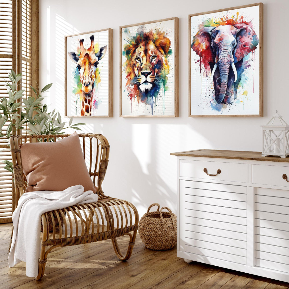Watercolour Animal Faces Set of Three Art Prints - Giraffe, Lion, Elephant - Rainbow Splash Safari Painting Poster