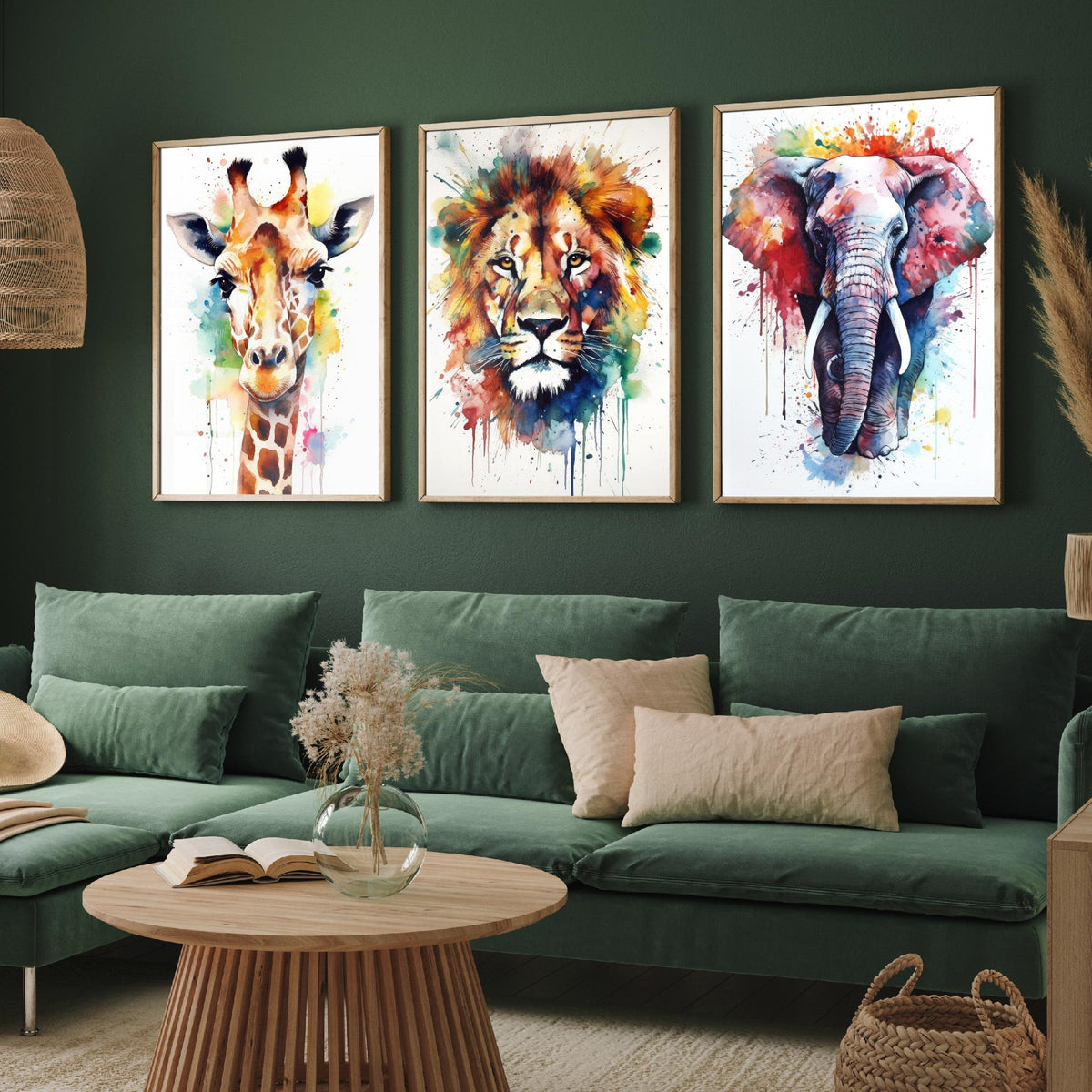 Watercolour Animal Faces Set of Three Art Prints - Giraffe, Lion, Elephant - Rainbow Splash Safari Painting Poster
