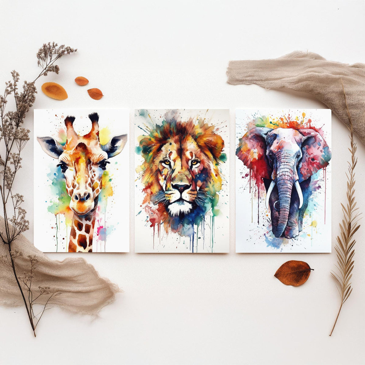 Watercolour Animal Faces Set of Three Art Prints - Giraffe, Lion, Elephant - Rainbow Splash Safari Painting Poster