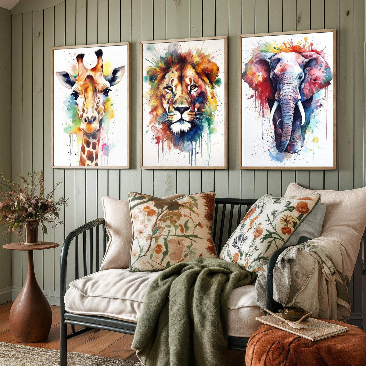 Watercolour Animal Faces Set of Three Art Prints - Giraffe, Lion, Elephant - Rainbow Splash Safari Painting Poster