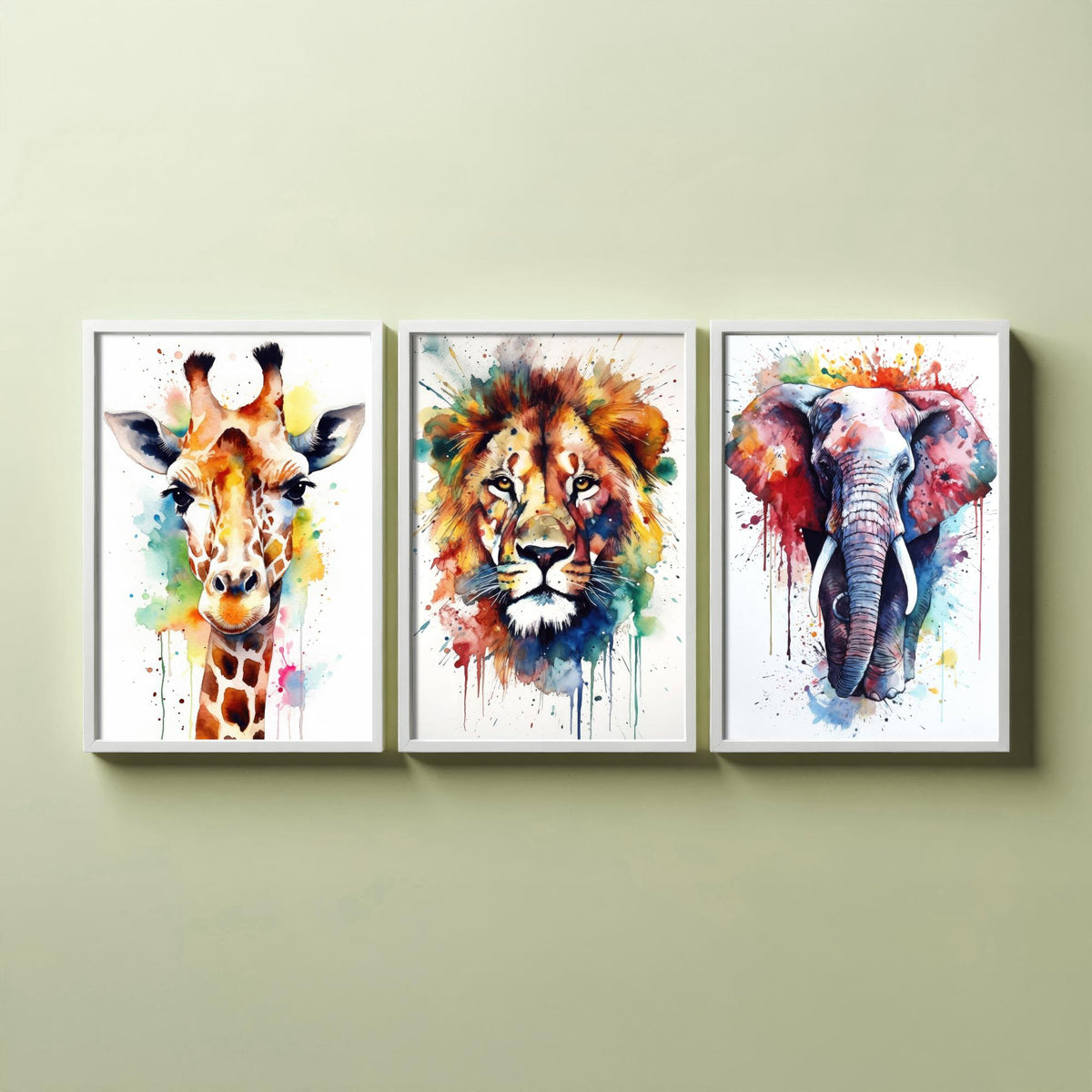 Watercolour Animal Faces Set of Three Art Prints - Giraffe, Lion, Elephant - Rainbow Splash Safari Painting Poster
