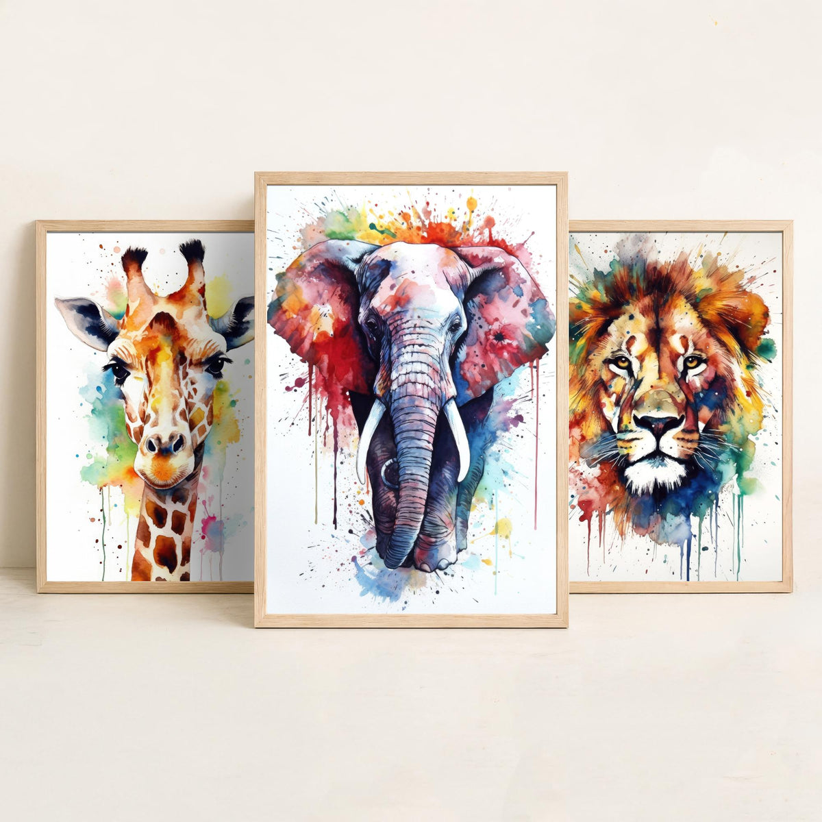 Watercolour Animal Faces Set of Three Art Prints - Giraffe, Lion, Elephant - Rainbow Splash Safari Painting Poster