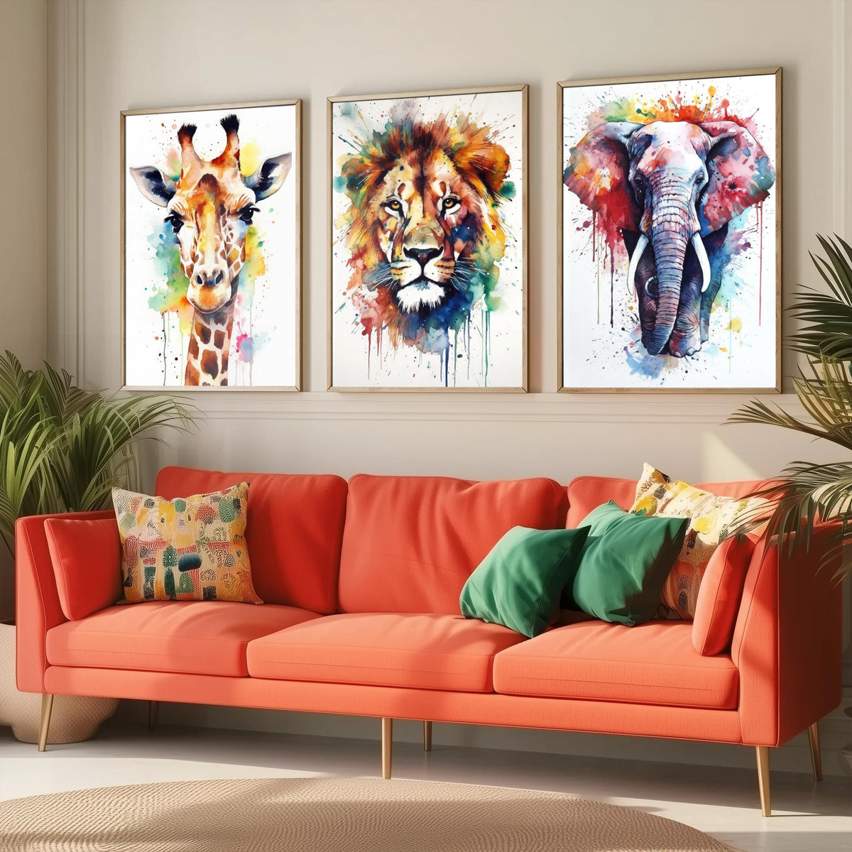 Watercolour Animal Faces Set of Three Art Prints - Giraffe, Lion, Elephant - Rainbow Splash Safari Painting Poster