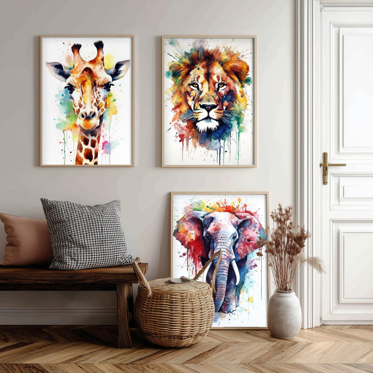 Watercolour Animal Faces Set of Three Art Prints - Giraffe, Lion, Elephant - Rainbow Splash Safari Painting Poster