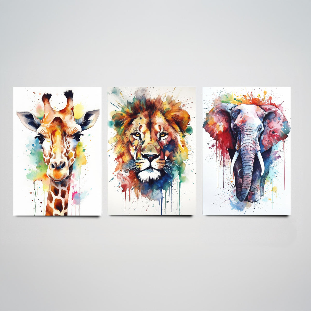 Watercolour Animal Faces Set of Three Art Prints - Giraffe, Lion, Elephant - Rainbow Splash Safari Painting Poster