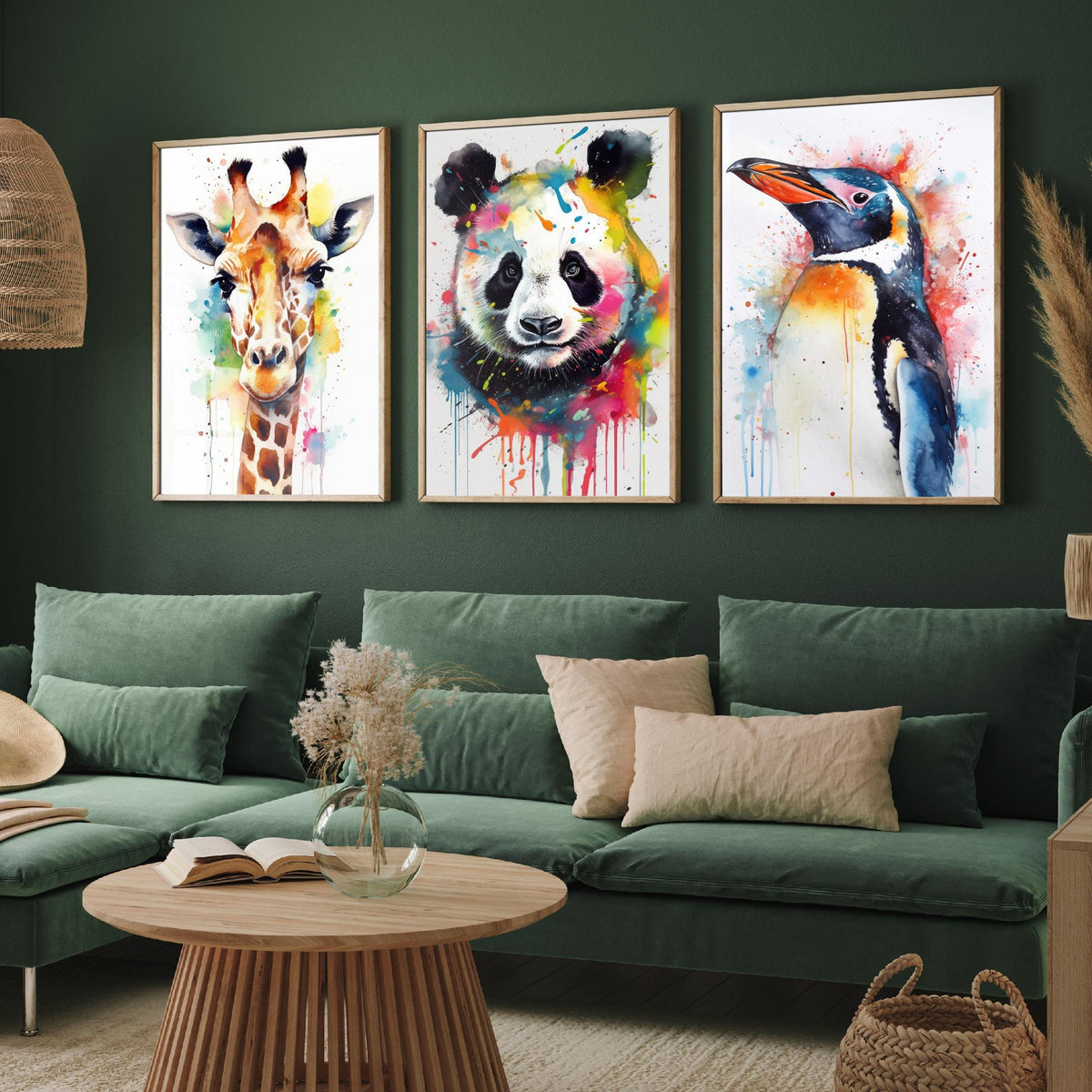 Watercolour Animal Faces Set of Three Art Prints - Giraffe, Panda, Penguin - Rainbow Splash Animal Painting Poster