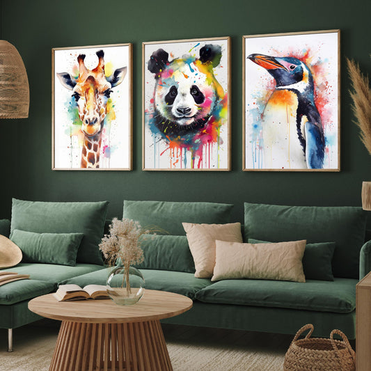 Watercolour Animal Faces Set of Three Art Prints - Giraffe, Panda, Penguin - Rainbow Splash Animal Painting Poster