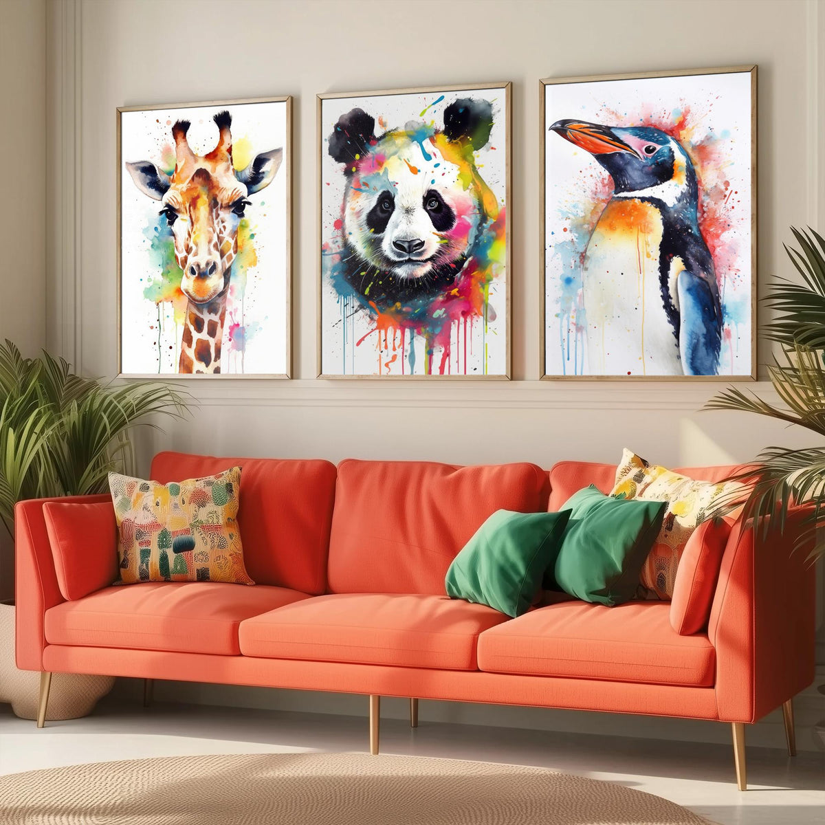 Watercolour Animal Faces Set of Three Art Prints - Giraffe, Panda, Penguin - Rainbow Splash Animal Painting Poster