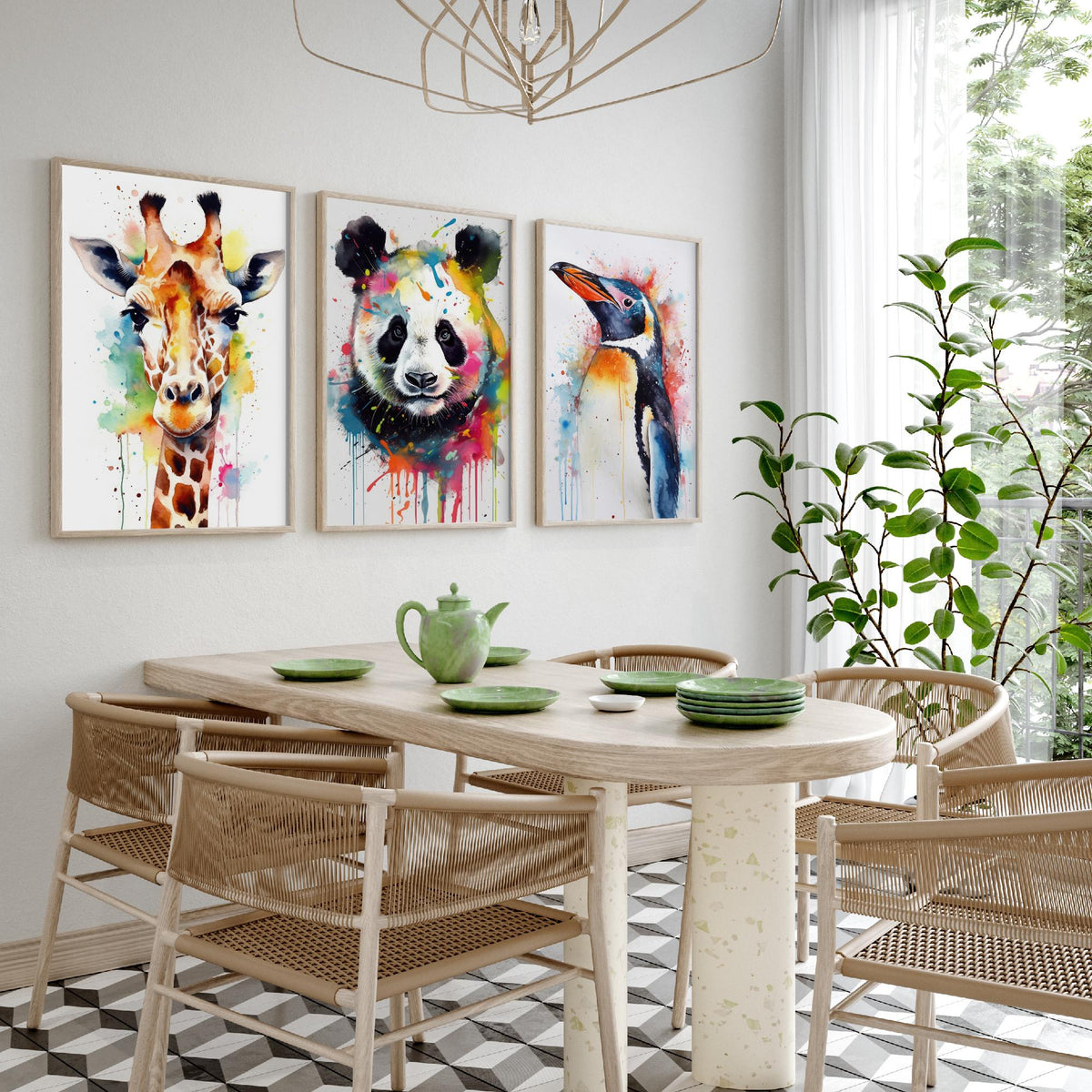 Watercolour Animal Faces Set of Three Art Prints - Giraffe, Panda, Penguin - Rainbow Splash Animal Painting Poster