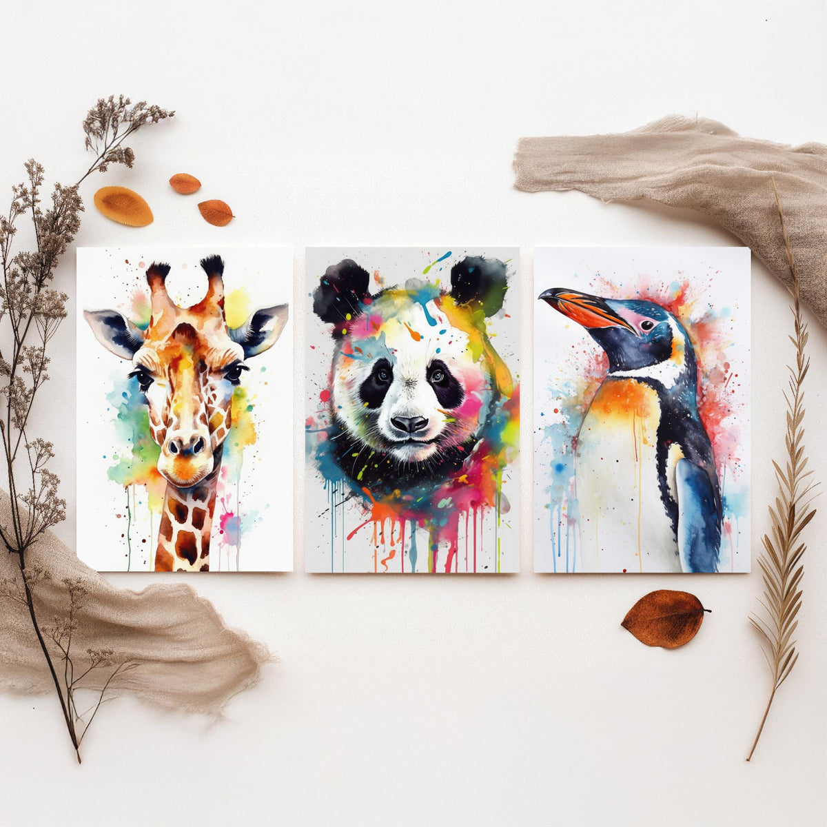Watercolour Animal Faces Set of Three Art Prints - Giraffe, Panda, Penguin - Rainbow Splash Animal Painting Poster