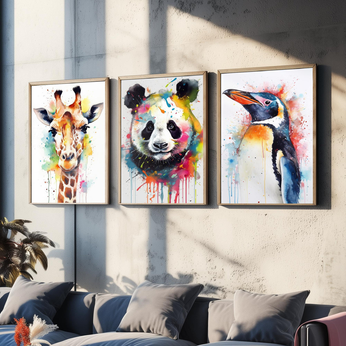 Watercolour Animal Faces Set of Three Art Prints - Giraffe, Panda, Penguin - Rainbow Splash Animal Painting Poster