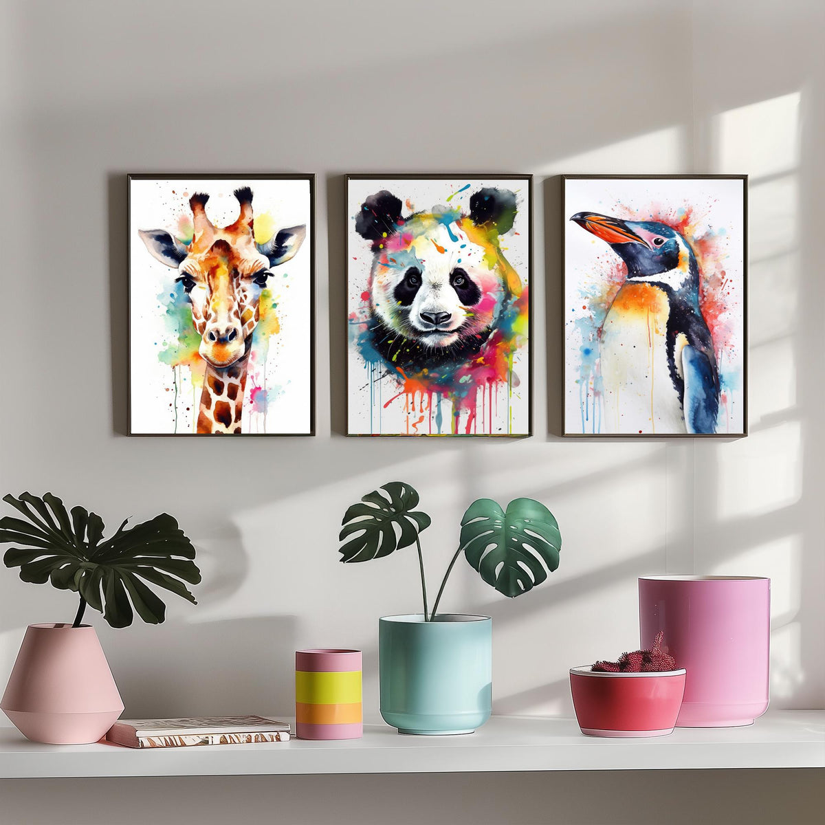 Watercolour Animal Faces Set of Three Art Prints - Giraffe, Panda, Penguin - Rainbow Splash Animal Painting Poster