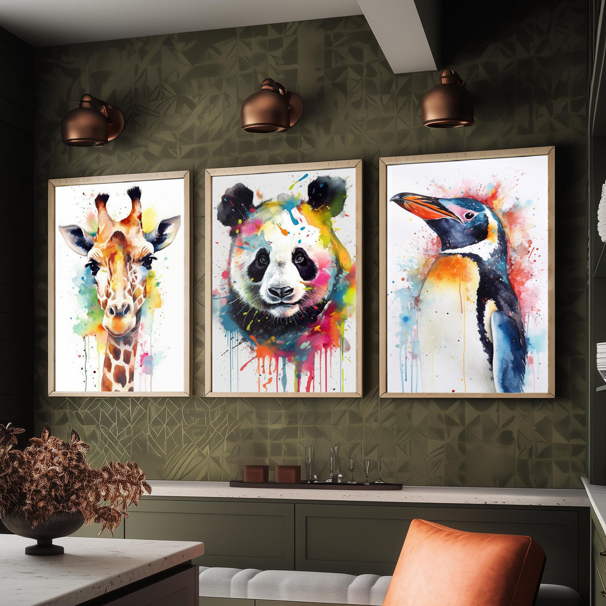 Watercolour Animal Faces Set of Three Art Prints - Giraffe, Panda, Penguin - Rainbow Splash Animal Painting Poster