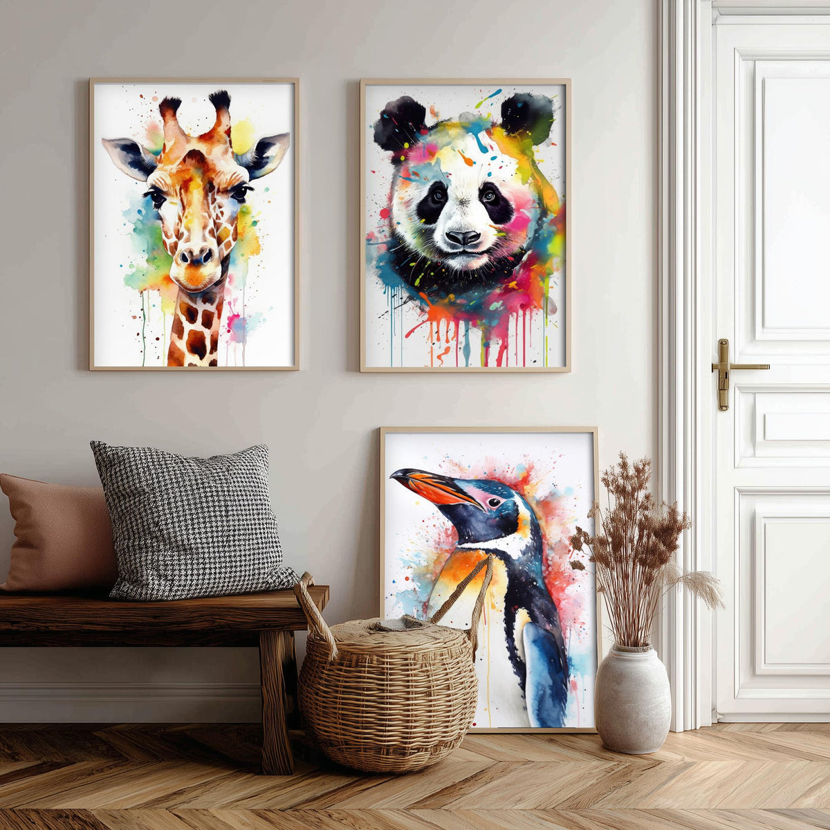 Watercolour Animal Faces Set of Three Art Prints - Giraffe, Panda, Penguin - Rainbow Splash Animal Painting Poster