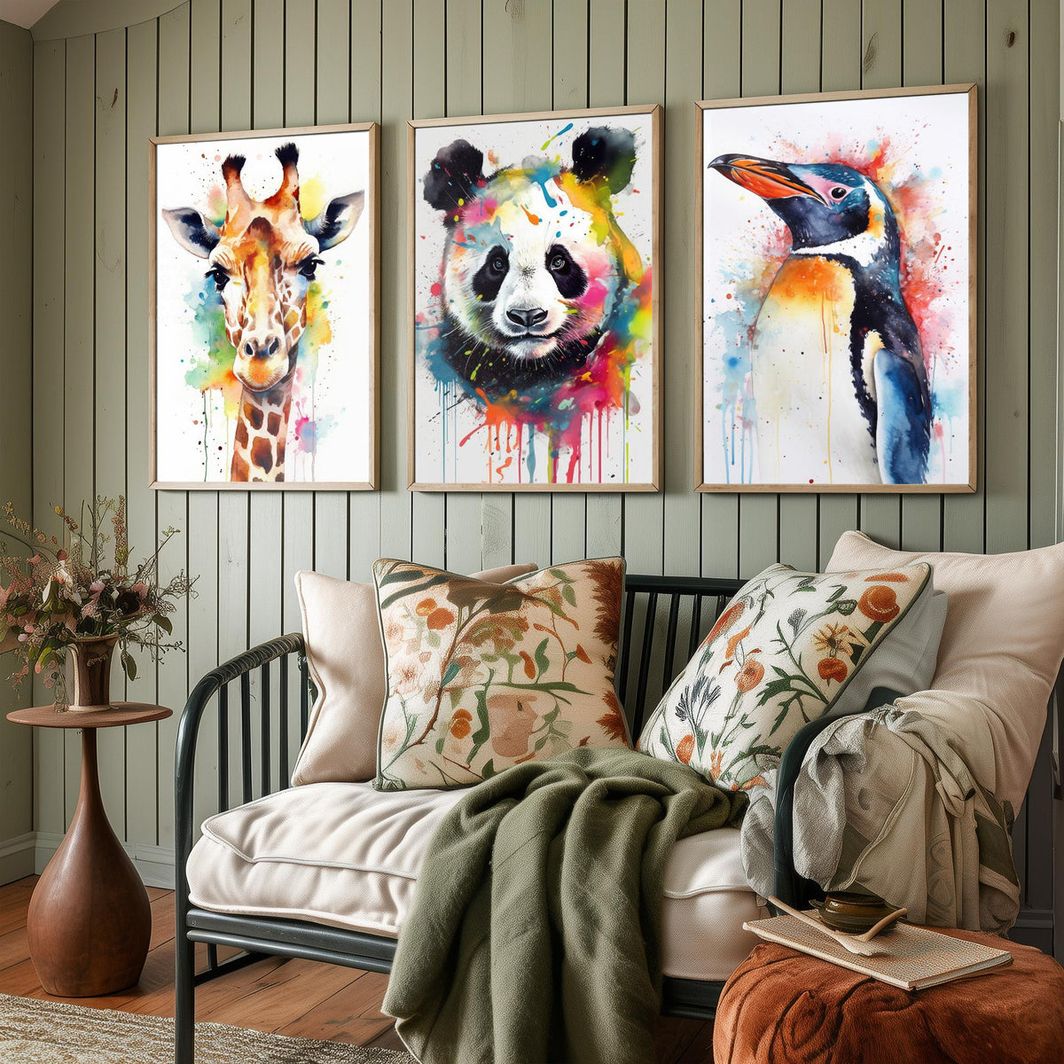 Watercolour Animal Faces Set of Three Art Prints - Giraffe, Panda, Penguin - Rainbow Splash Animal Painting Poster