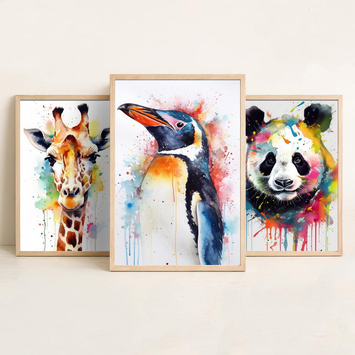Watercolour Animal Faces Set of Three Art Prints - Giraffe, Panda, Penguin - Rainbow Splash Animal Painting Poster