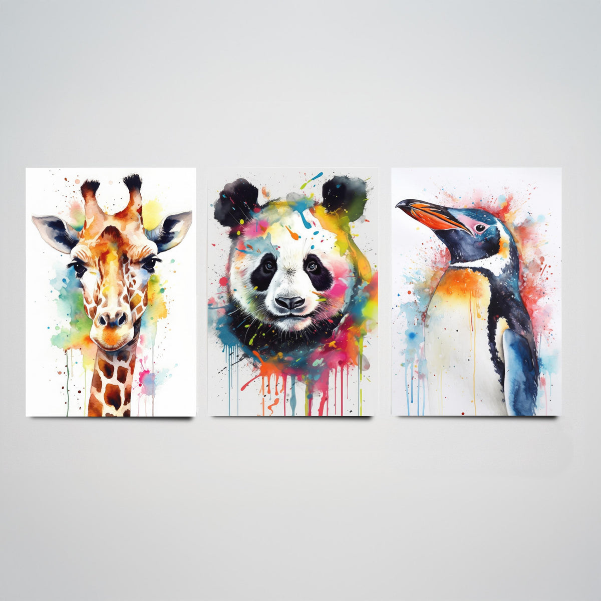 Watercolour Animal Faces Set of Three Art Prints - Giraffe, Panda, Penguin - Rainbow Splash Animal Painting Poster