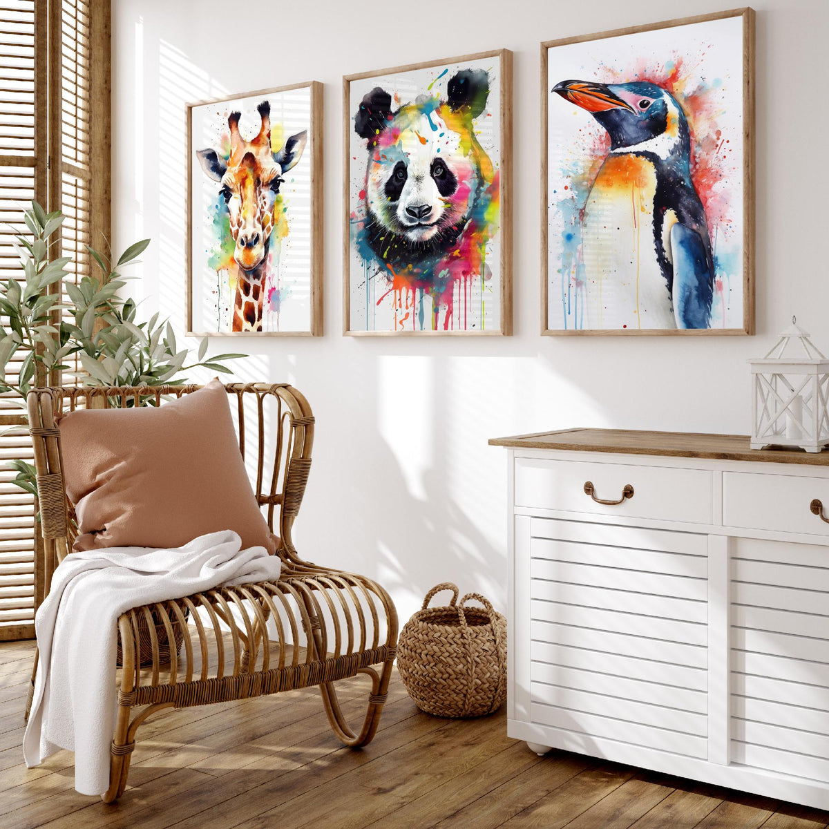 Watercolour Animal Faces Set of Three Art Prints - Giraffe, Panda, Penguin - Rainbow Splash Animal Painting Poster