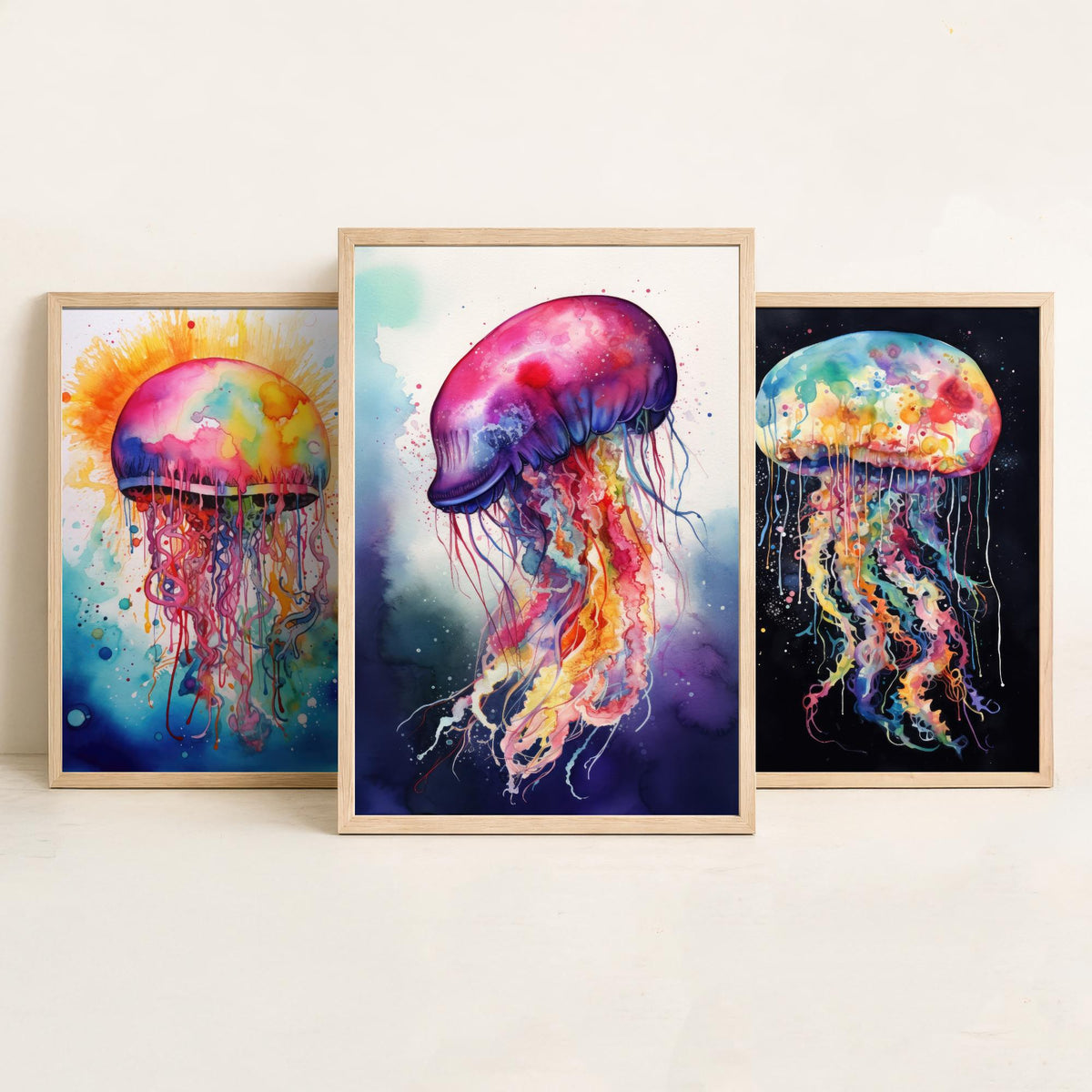 Watercolour Jellyfish Set of Three Art Prints - Rainbow Splash Jellyfish on Sunburst, Black and Indigo - Ocean Painting Poster V1