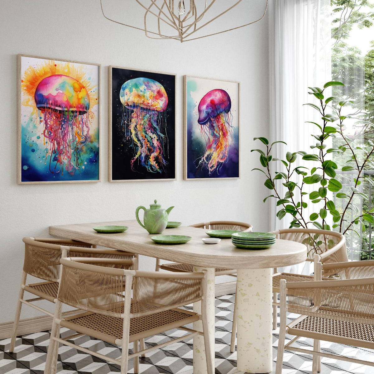 Watercolour Jellyfish Set of Three Art Prints - Rainbow Splash Jellyfish on Sunburst, Black and Indigo - Ocean Painting Poster V1