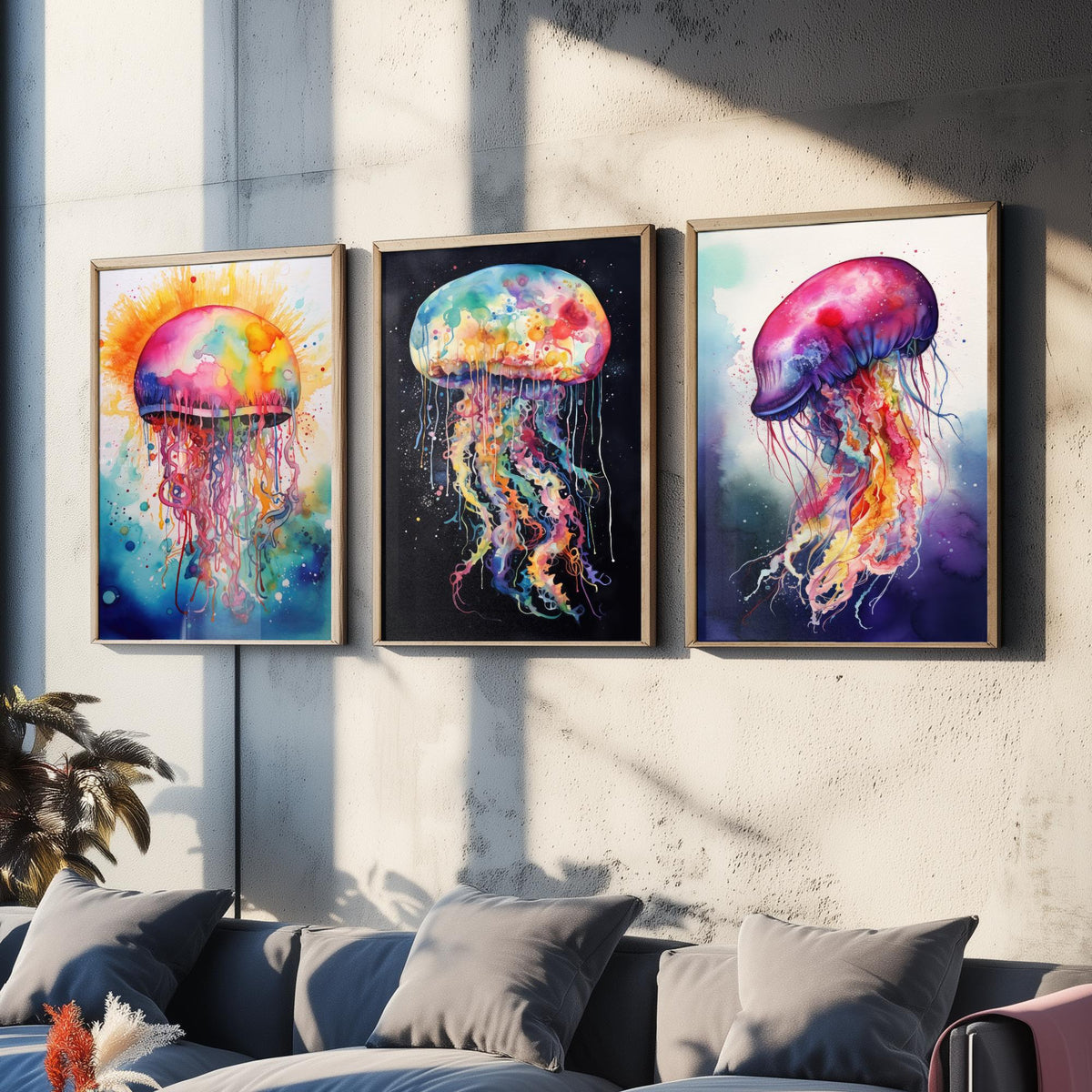Watercolour Jellyfish Set of Three Art Prints - Rainbow Splash Jellyfish on Sunburst, Black and Indigo - Ocean Painting Poster V1