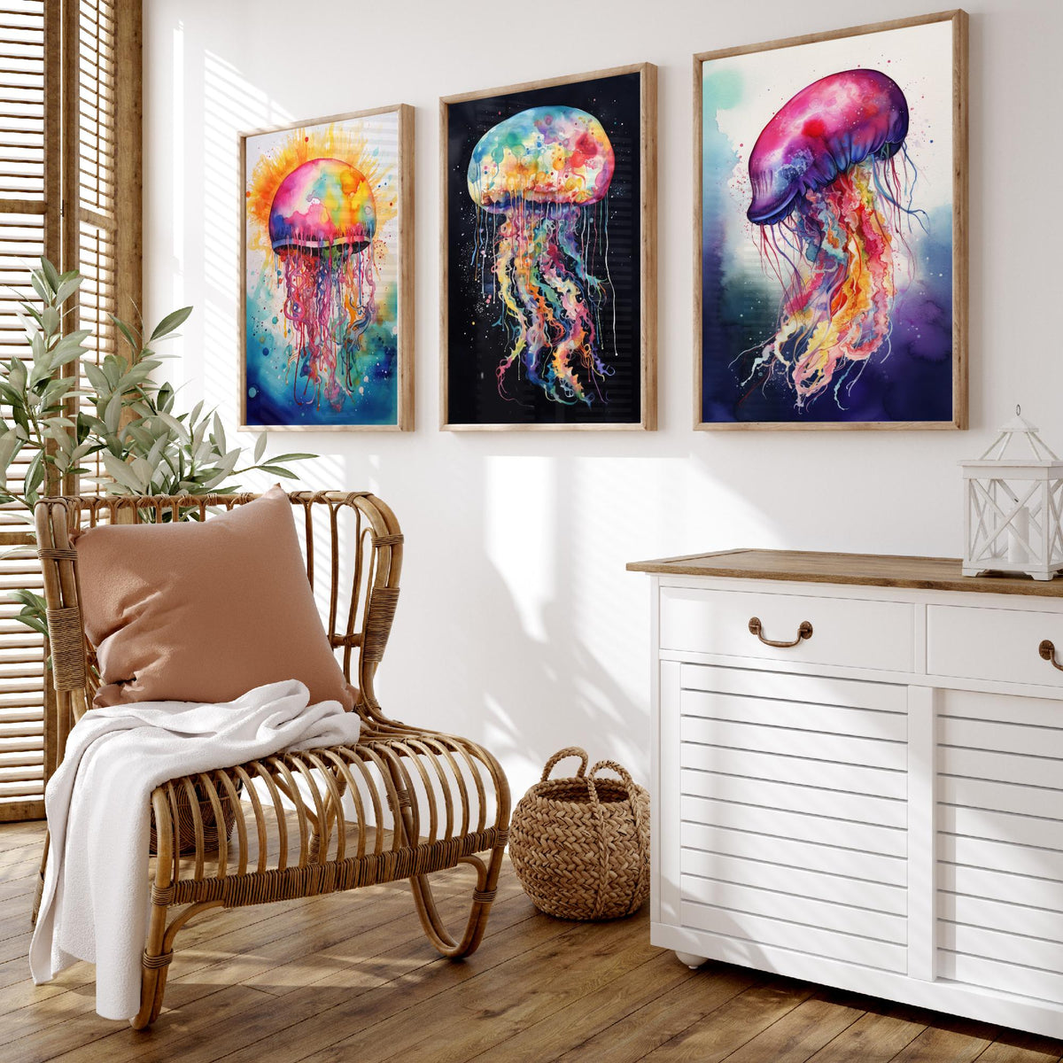 Watercolour Jellyfish Set of Three Art Prints - Rainbow Splash Jellyfish on Sunburst, Black and Indigo - Ocean Painting Poster V1