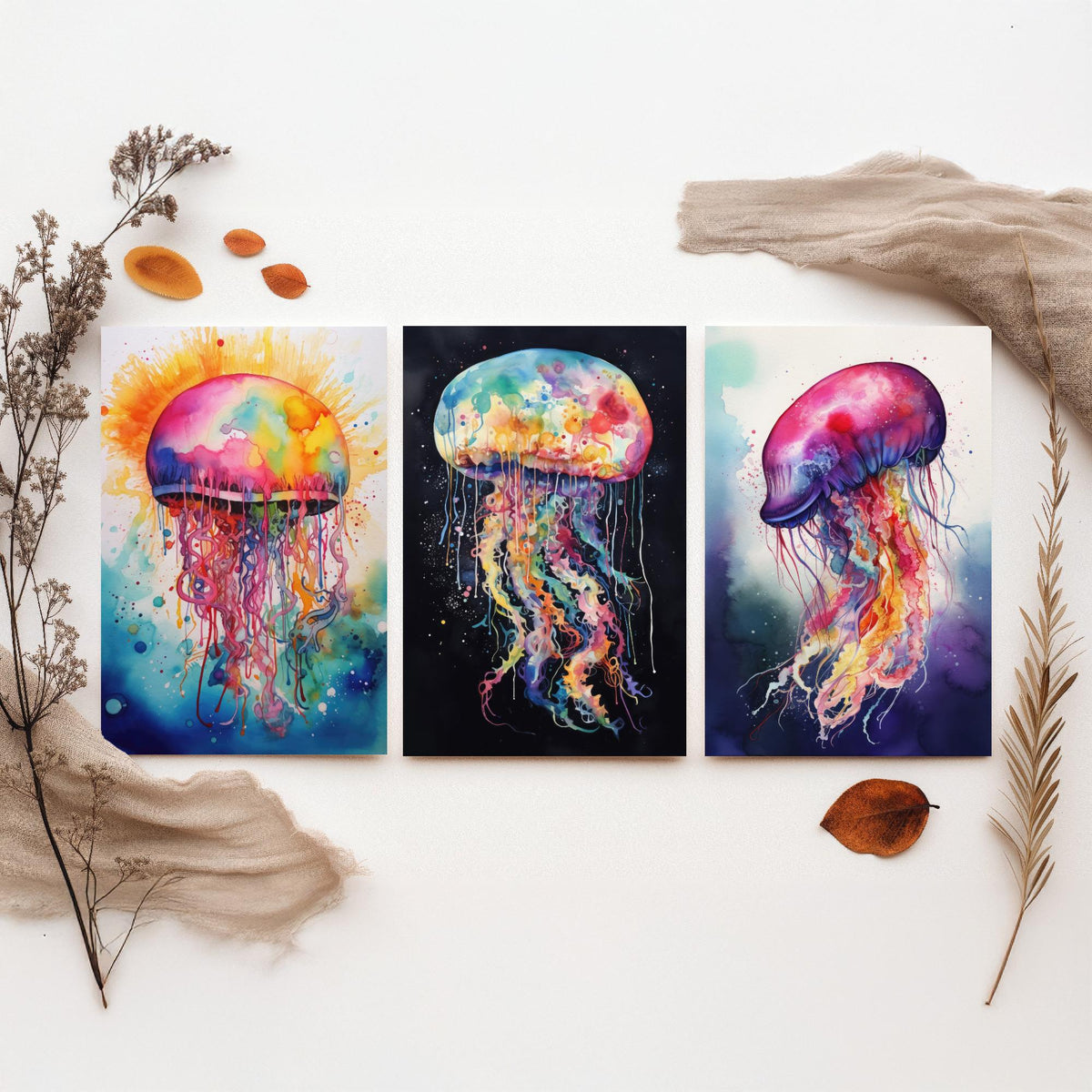 Watercolour Jellyfish Set of Three Art Prints - Rainbow Splash Jellyfish on Sunburst, Black and Indigo - Ocean Painting Poster V1