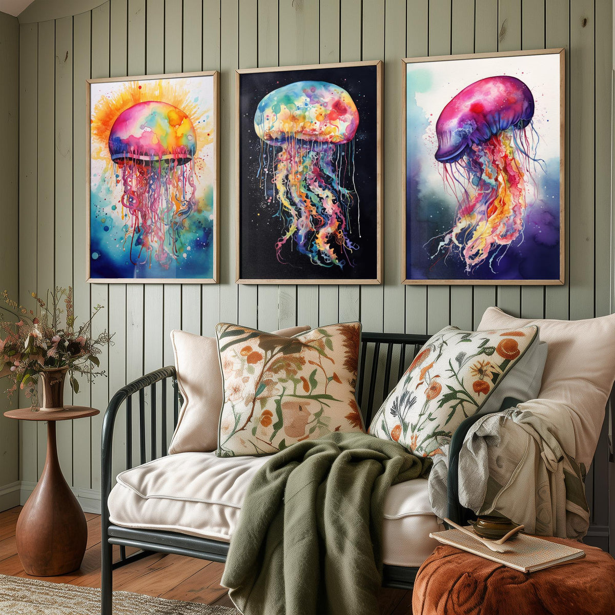 Watercolour Jellyfish Set of Three Art Prints - Rainbow Splash Jellyfish on Sunburst, Black and Indigo - Ocean Painting Poster V1