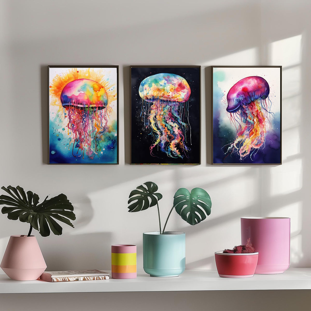 Watercolour Jellyfish Set of Three Art Prints - Rainbow Splash Jellyfish on Sunburst, Black and Indigo - Ocean Painting Poster V1