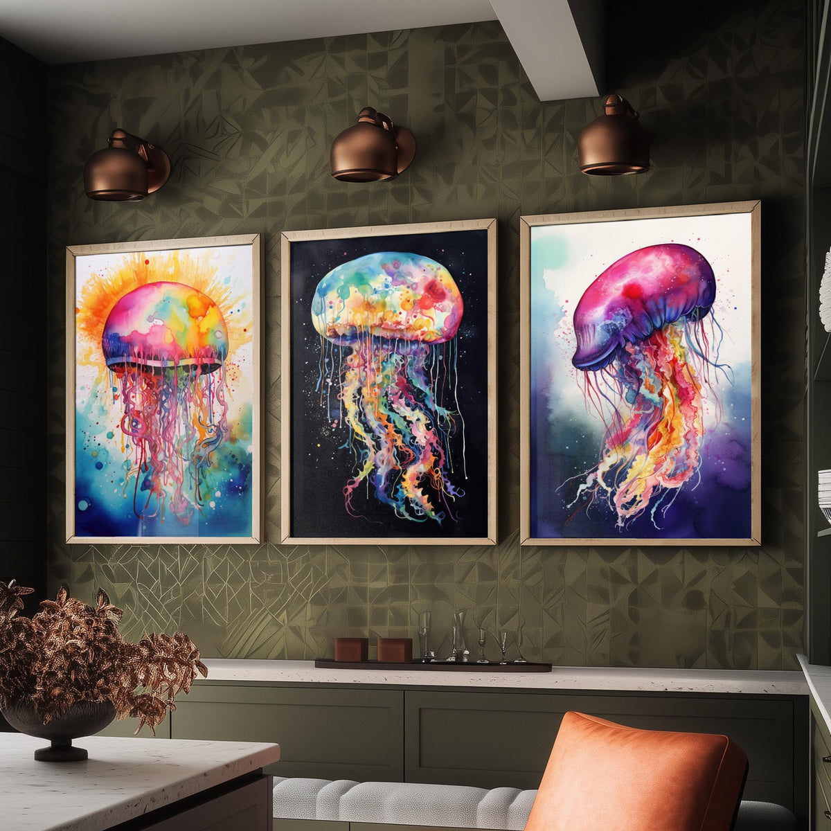 Watercolour Jellyfish Set of Three Art Prints - Rainbow Splash Jellyfish on Sunburst, Black and Indigo - Ocean Painting Poster V1
