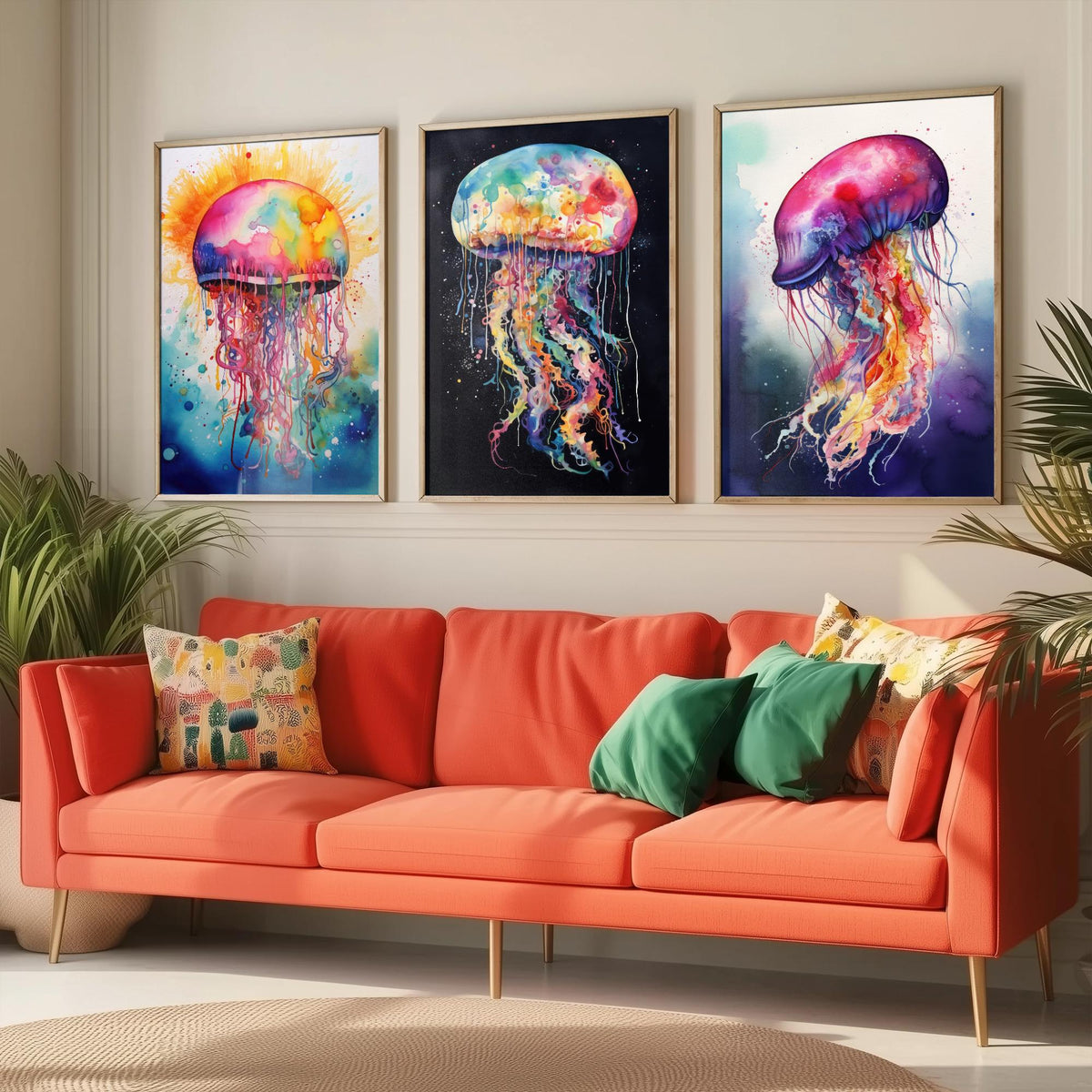 Watercolour Jellyfish Set of Three Art Prints - Rainbow Splash Jellyfish on Sunburst, Black and Indigo - Ocean Painting Poster V1