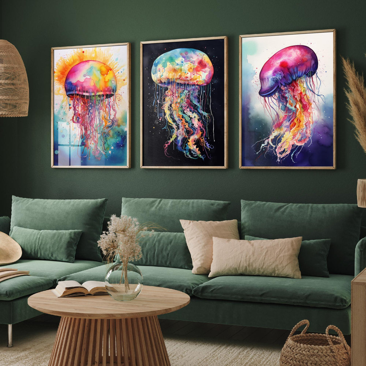 Watercolour Jellyfish Set of Three Art Prints - Rainbow Splash Jellyfish on Sunburst, Black and Indigo - Ocean Painting Poster V1