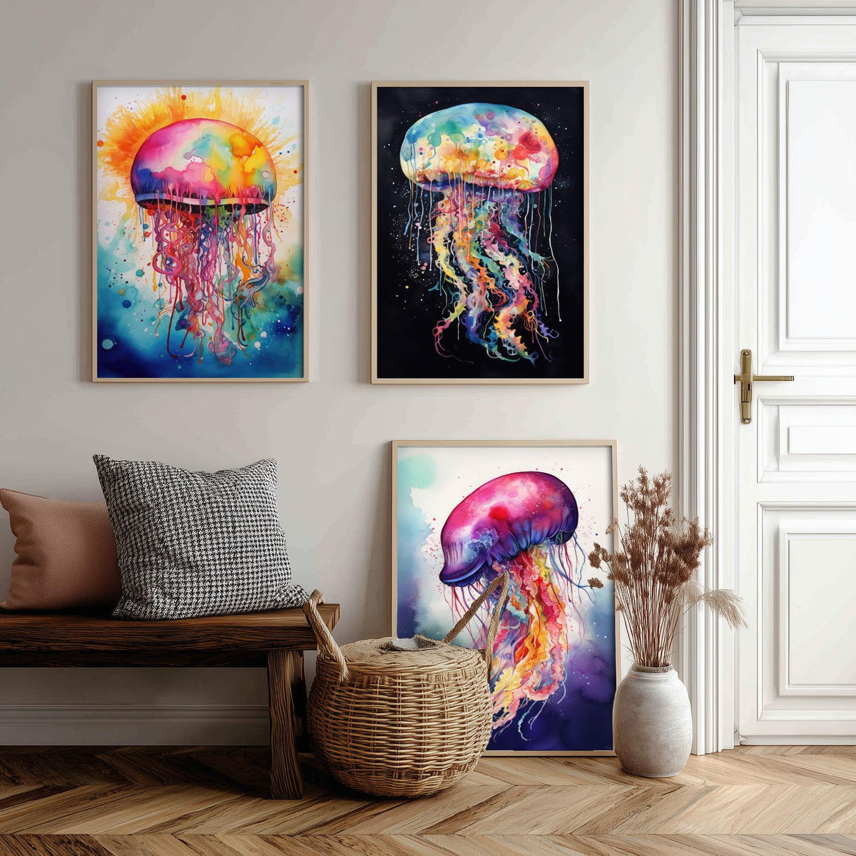 Watercolour Jellyfish Set of Three Art Prints - Rainbow Splash Jellyfish on Sunburst, Black and Indigo - Ocean Painting Poster V1