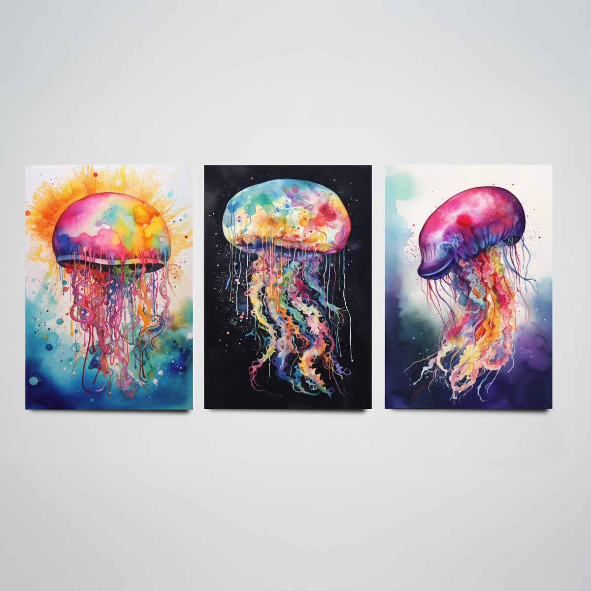 Watercolour Jellyfish Set of Three Art Prints - Rainbow Splash Jellyfish on Sunburst, Black and Indigo - Ocean Painting Poster V1