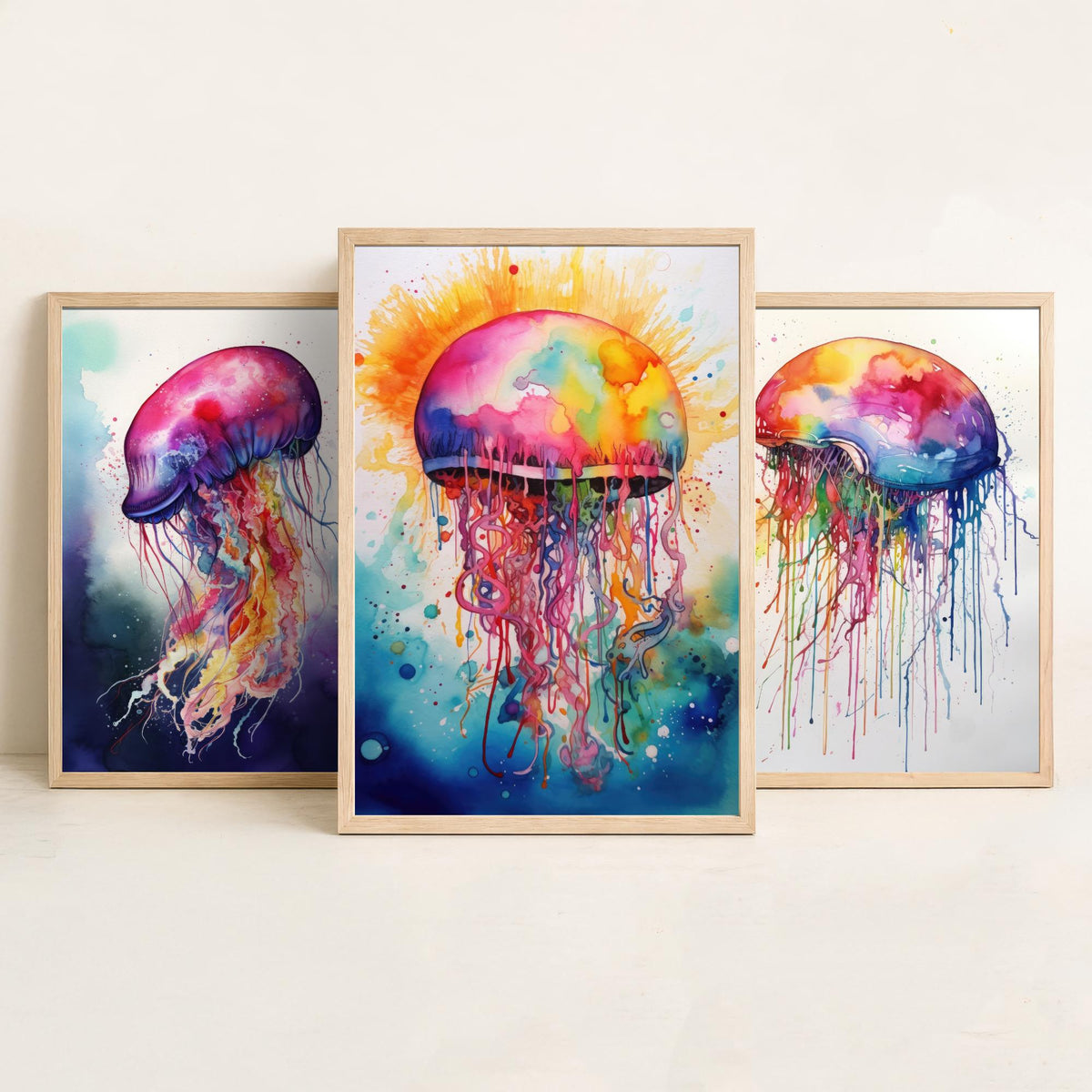 Watercolour Jellyfish Set of Three Art Prints - Magenta, Pastel and Sunburst Jellyfish - Rainbow Ocean Painting Poster V2