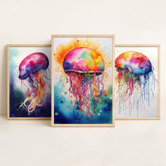 Watercolour Jellyfish Set of Three Art Prints - Magenta, Pastel and Sunburst Jellyfish - Rainbow Ocean Painting Poster V2