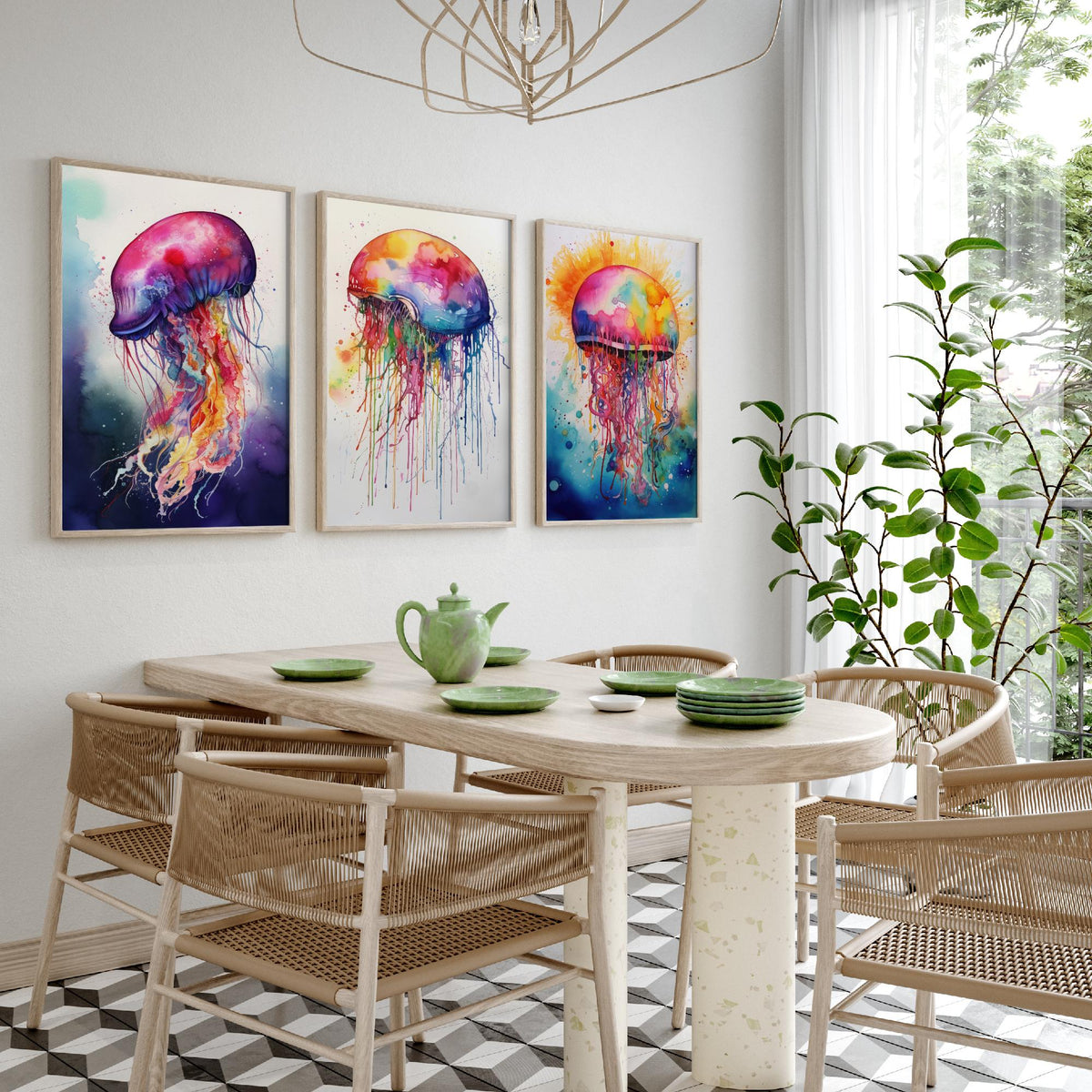 Watercolour Jellyfish Set of Three Art Prints - Magenta, Pastel and Sunburst Jellyfish - Rainbow Ocean Painting Poster V2