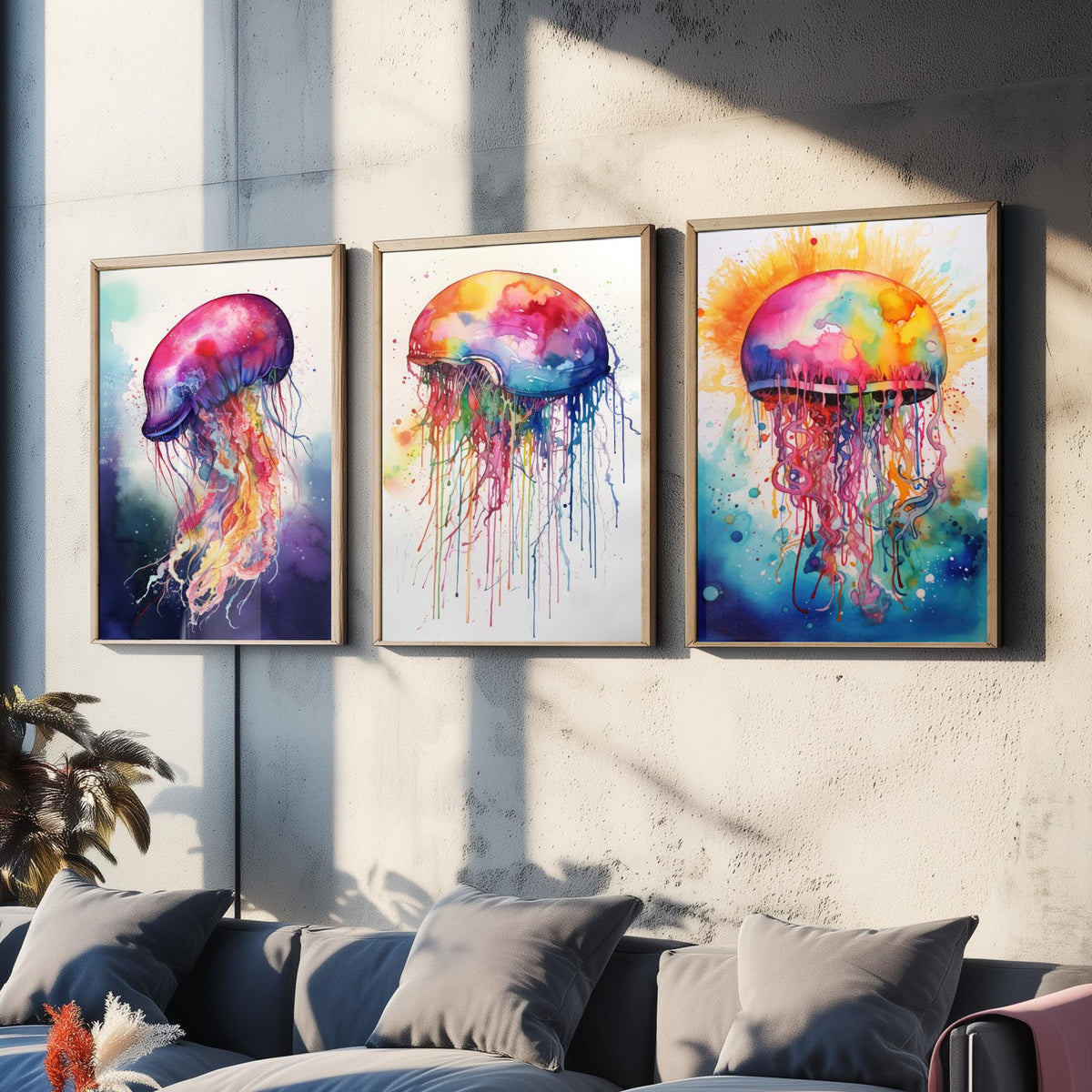 Watercolour Jellyfish Set of Three Art Prints - Magenta, Pastel and Sunburst Jellyfish - Rainbow Ocean Painting Poster V2
