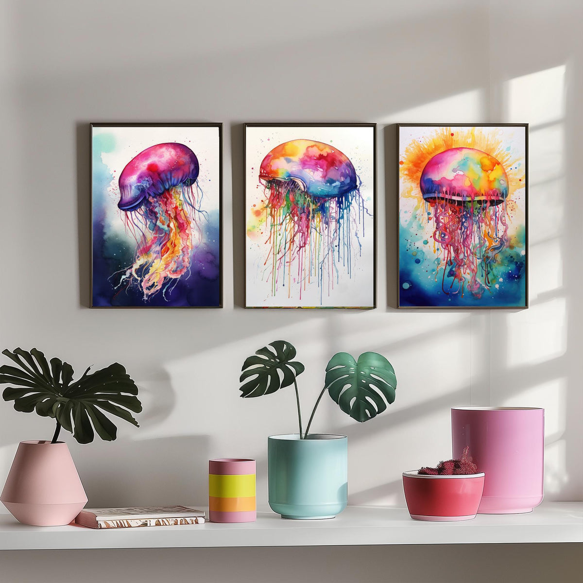 Watercolour Jellyfish Set of Three Art Prints - Magenta, Pastel and Sunburst Jellyfish - Rainbow Ocean Painting Poster V2