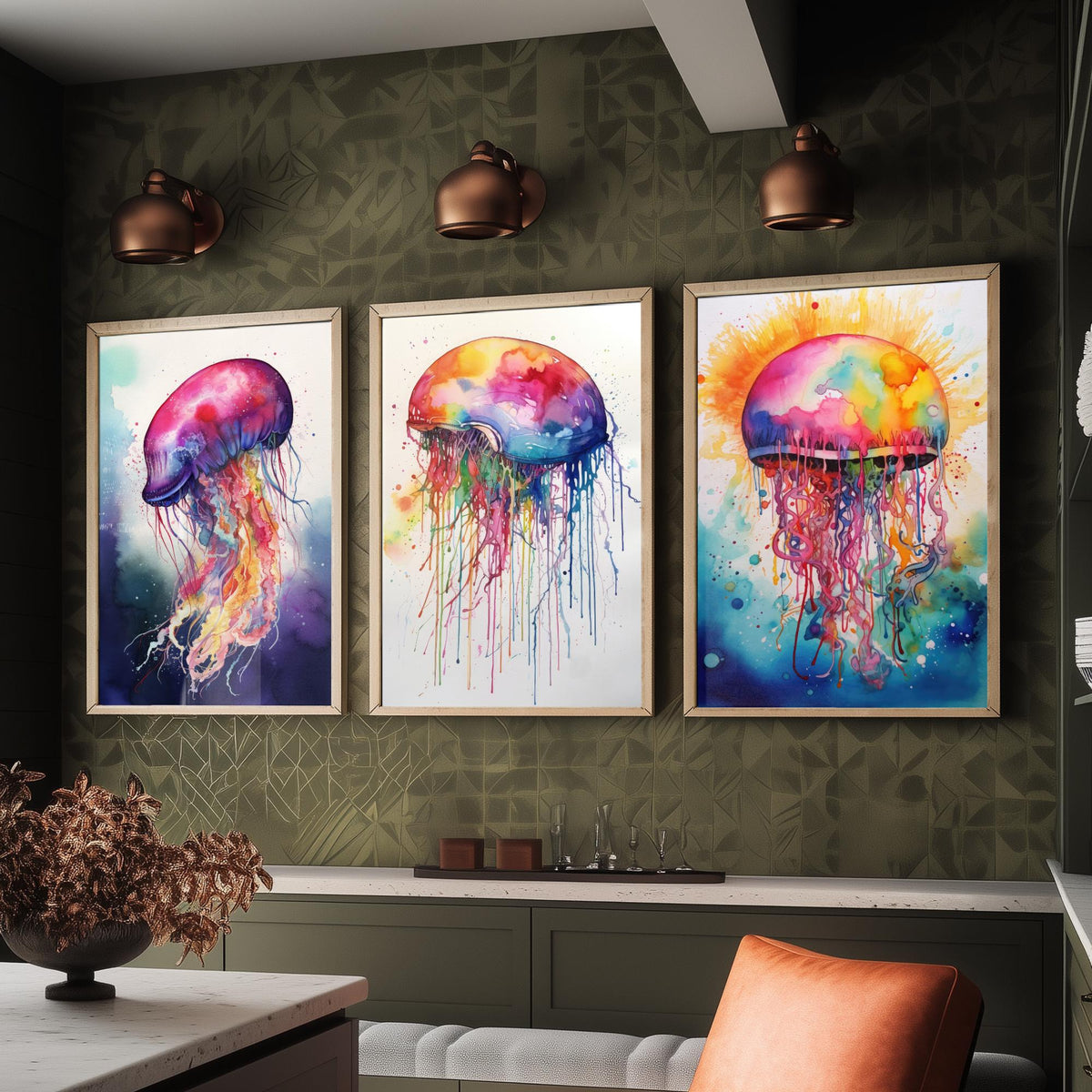 Watercolour Jellyfish Set of Three Art Prints - Magenta, Pastel and Sunburst Jellyfish - Rainbow Ocean Painting Poster V2
