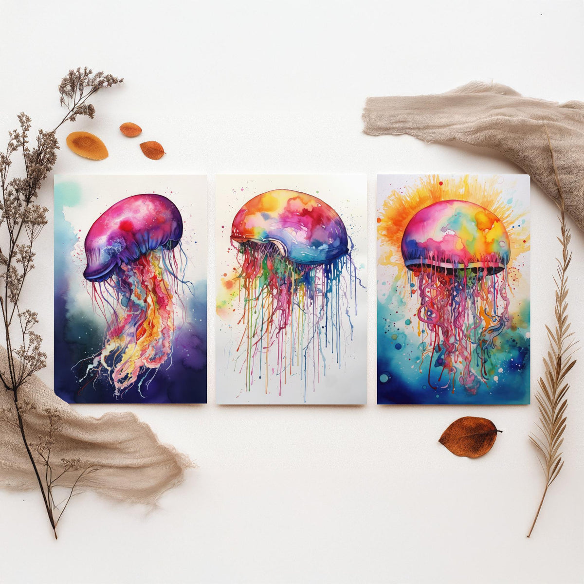 Watercolour Jellyfish Set of Three Art Prints - Magenta, Pastel and Sunburst Jellyfish - Rainbow Ocean Painting Poster V2