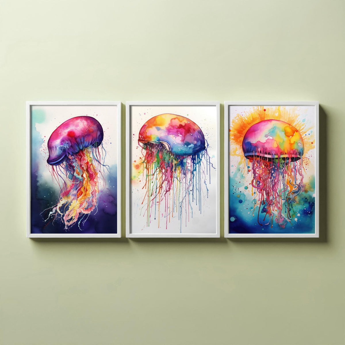 Watercolour Jellyfish Set of Three Art Prints - Magenta, Pastel and Sunburst Jellyfish - Rainbow Ocean Painting Poster V2