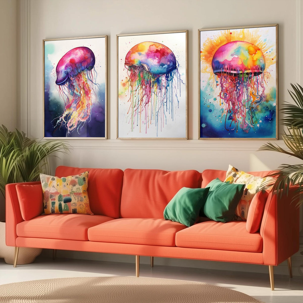 Watercolour Jellyfish Set of Three Art Prints - Magenta, Pastel and Sunburst Jellyfish - Rainbow Ocean Painting Poster V2