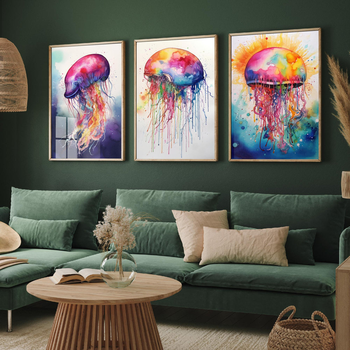 Watercolour Jellyfish Set of Three Art Prints - Magenta, Pastel and Sunburst Jellyfish - Rainbow Ocean Painting Poster V2